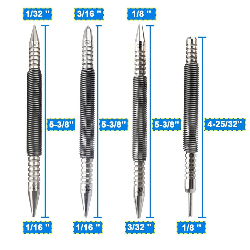 LSTOPGO Store Spring Nail Set,Dual Head Nail Setter with Size Marked,4pcs Hammerless Door Hinge Pin Removal Tool,Striking Force Spring Loaded Nail Punch（1/8-in, 3/32-in, 3/16-in, 1/16-in, 1/32-in, 1/8-in） - Image 2